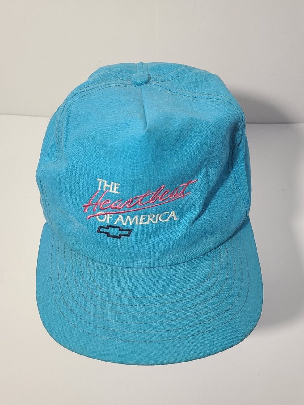 Vintage 80s Chevy Chevrolet The Heartbeat Of America Blue Distressed Hat/Cap